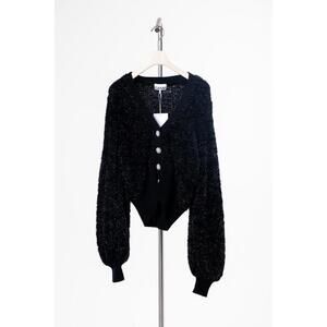 Ganni Black Metallic Cardigan w/ Flower Buttons